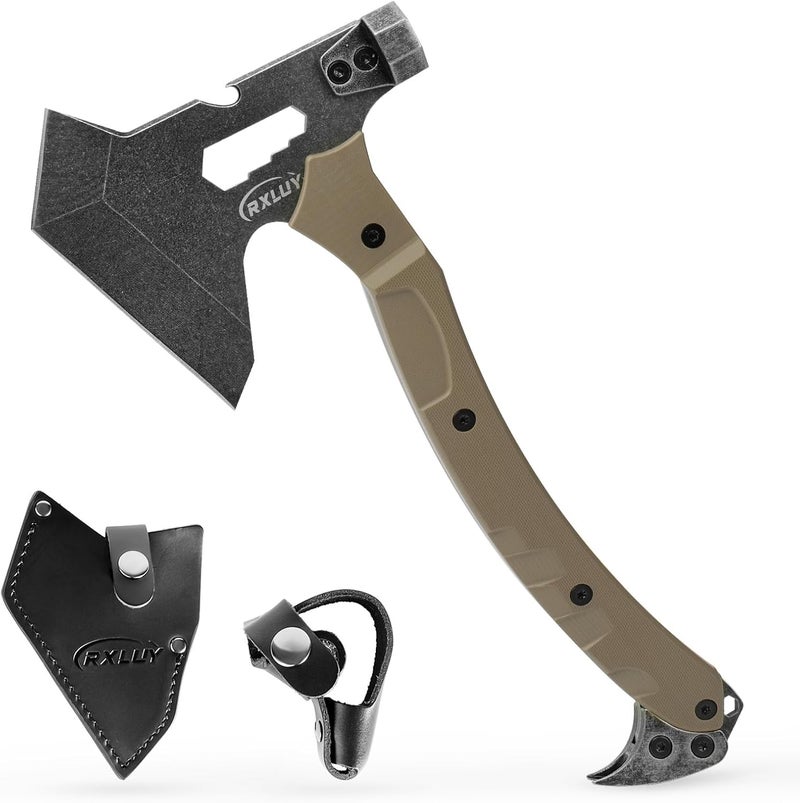 RXLUY Tactical Axe with G10 Handle Camping Survival Hatchet, Multifunctional Hiking Outdoor Heavy Duty Full Tang Tomahawk Tools with Hammer, Unique Design Crowbar, Leather Sheath (Gray) - Image 1